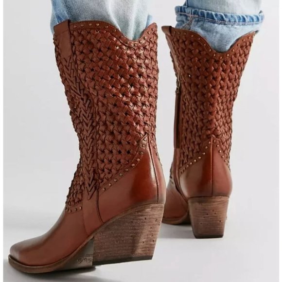 Golo for Free People Reverse Woven Western Boots Brown Leather